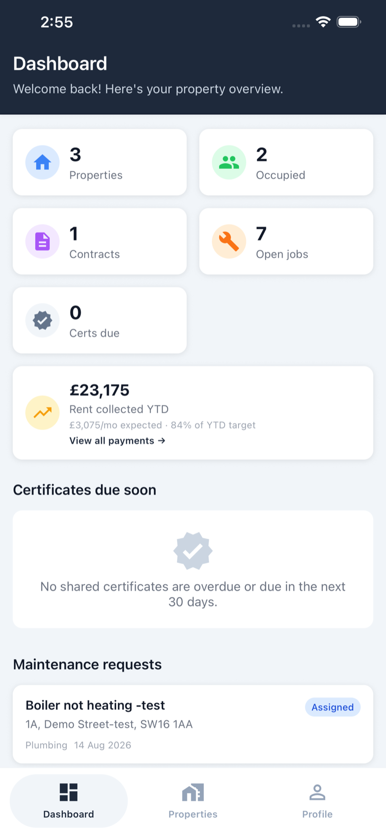 To Let on iPhone, landlord dashboard with properties, occupancy, rent collected, and maintenance