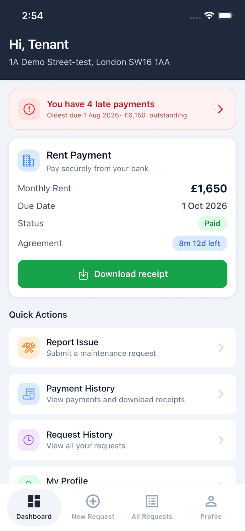 To Let on iPhone, tenant home with rent, receipt download, and maintenance actions